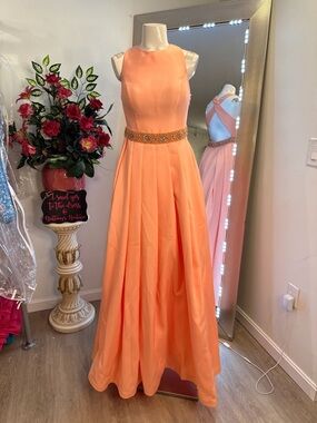 Tarik Ediz Peach Orange Beaded-Waist Prom Gown